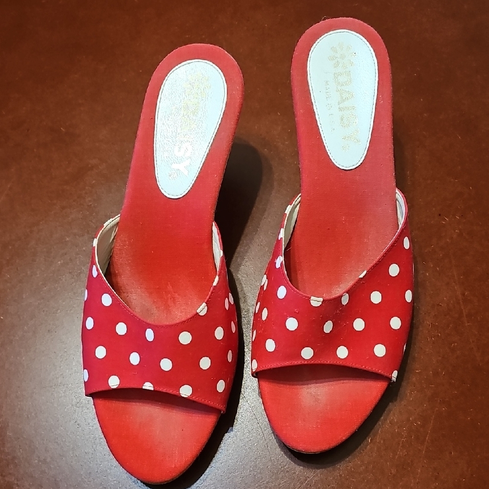 Daisy Red and White Polka Dot Mules